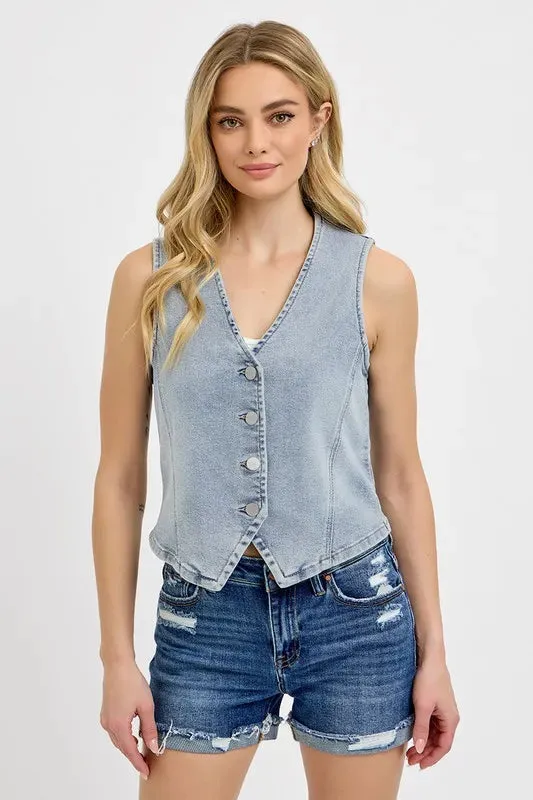 Light Wash Denim V-Neck Button-Down Vest – Stretch Sleeveless Jean Top