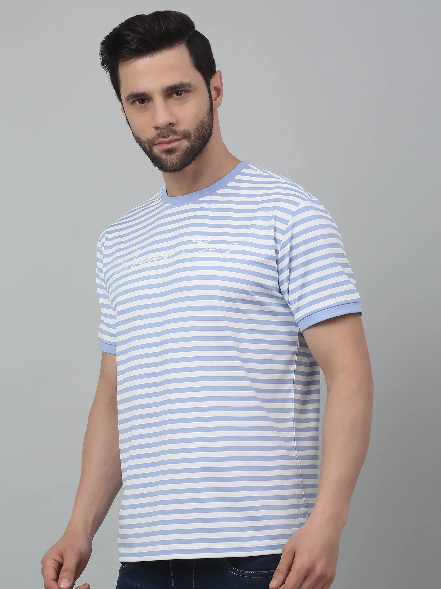 Men's Sky Blue Stripe Round neck Half Sleeve T-Shirt with Print