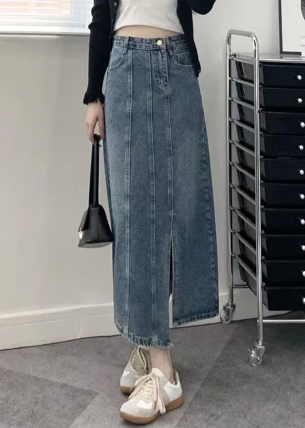 Modern Blue Pockets Side Open Patchwork Denim Skirts Fall LY9131