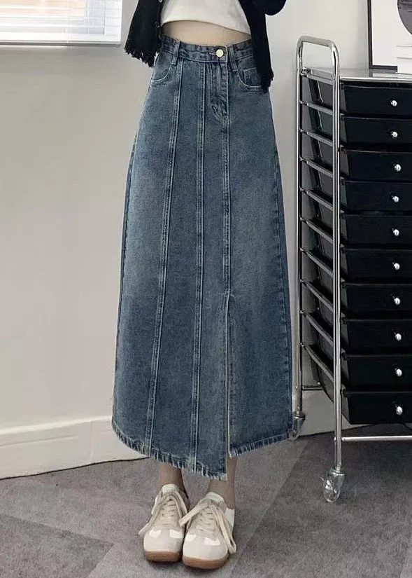 Modern Blue Pockets Side Open Patchwork Denim Skirts Fall LY9131