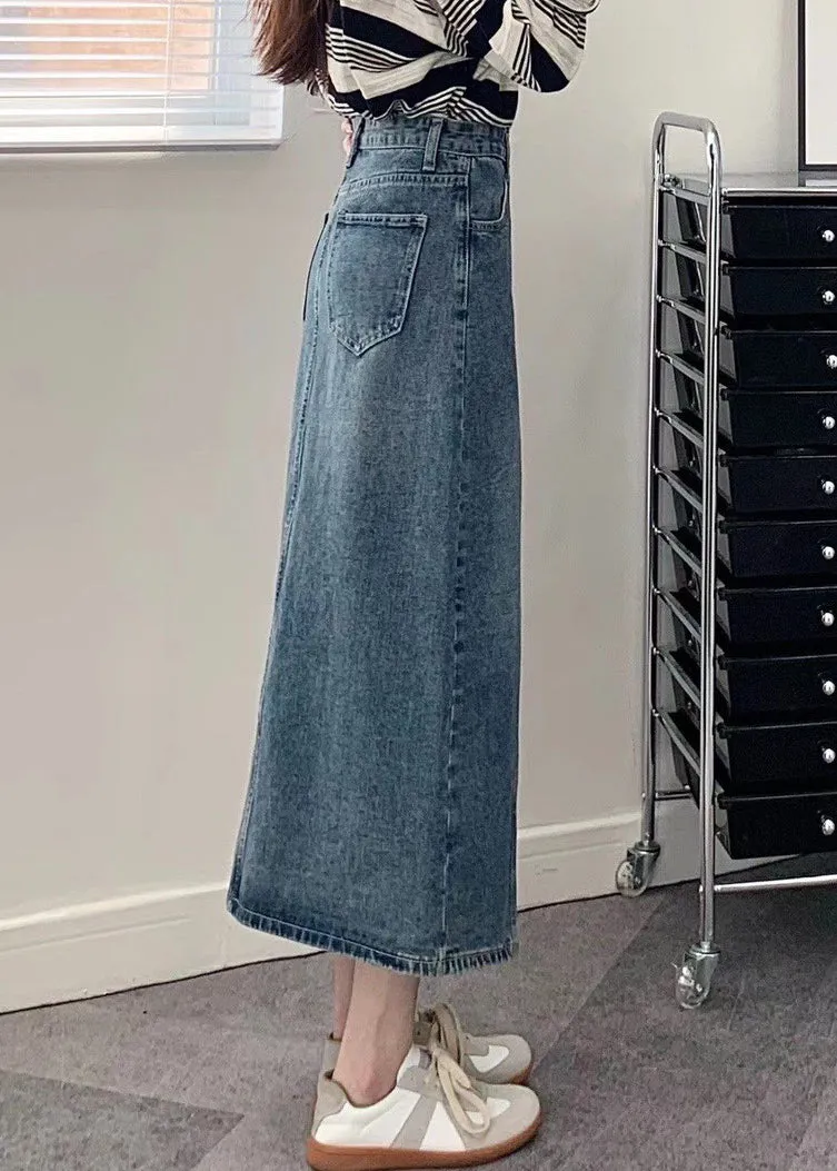 Modern Blue Pockets Side Open Patchwork Denim Skirts Fall LY9131