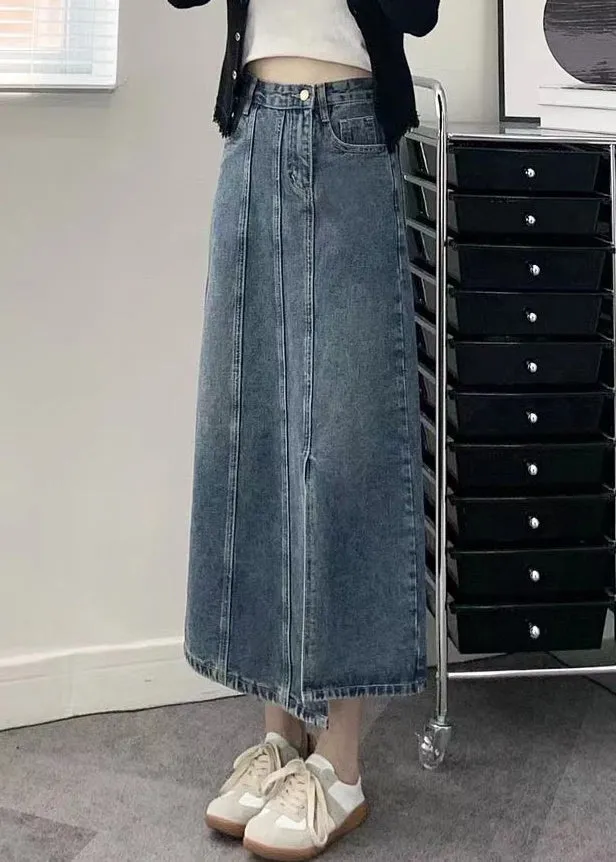 Modern Blue Pockets Side Open Patchwork Denim Skirts Fall LY9131