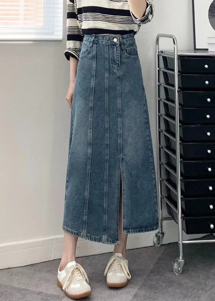 Modern Blue Pockets Side Open Patchwork Denim Skirts Fall LY9131