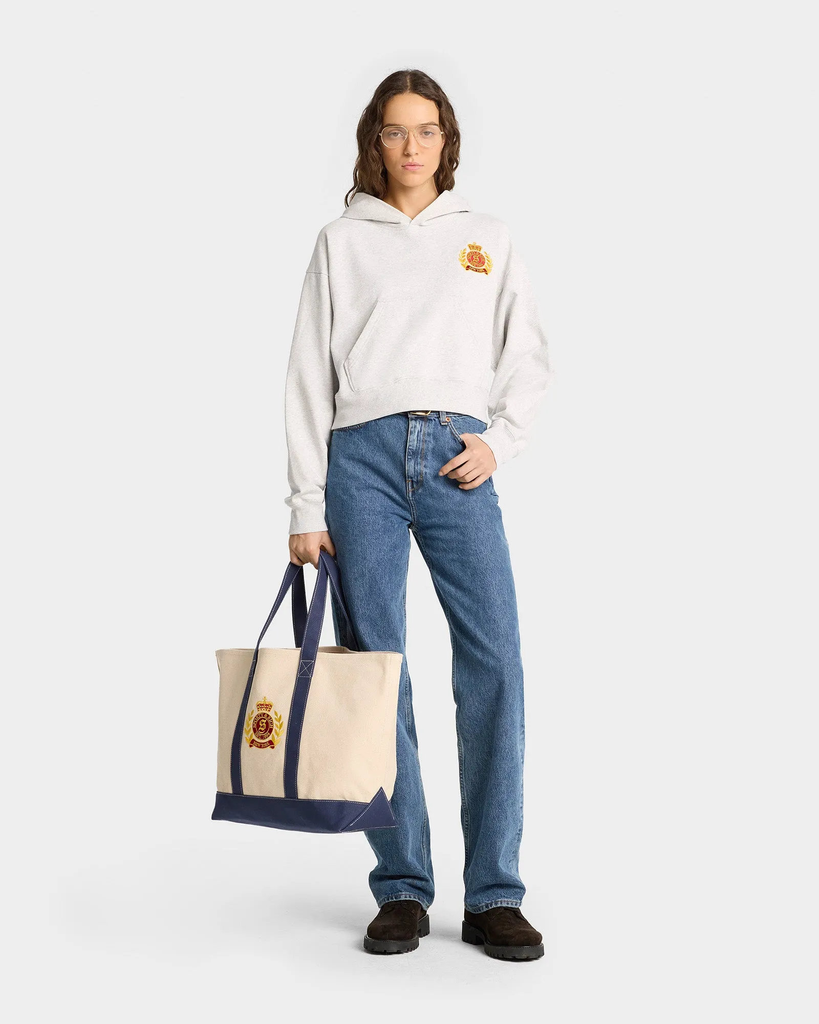 NY Crest Cropped Hoodie - Heather Gray/Gold