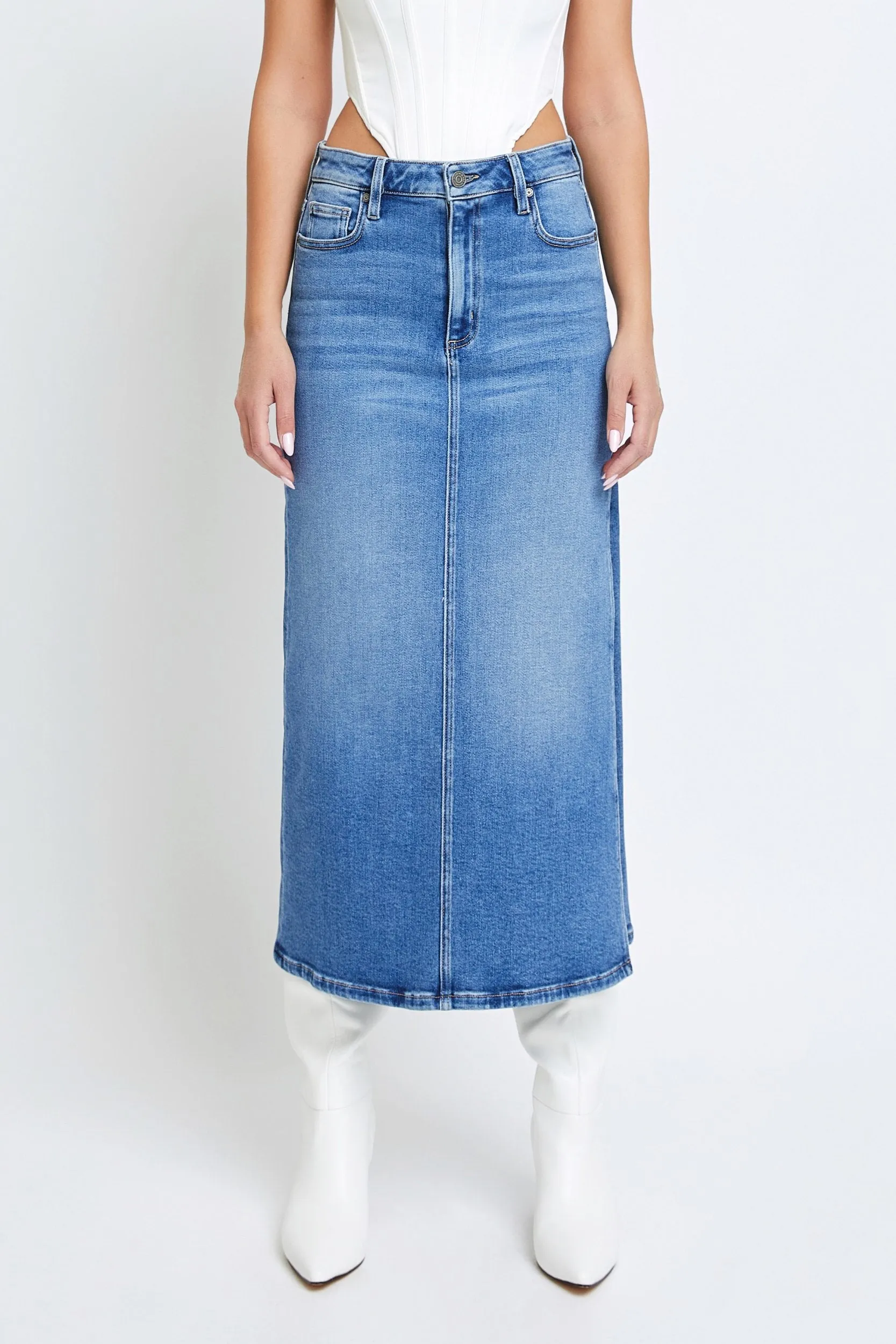 [Peyton] Medium Dark Side Slit Stretch Long Skirt