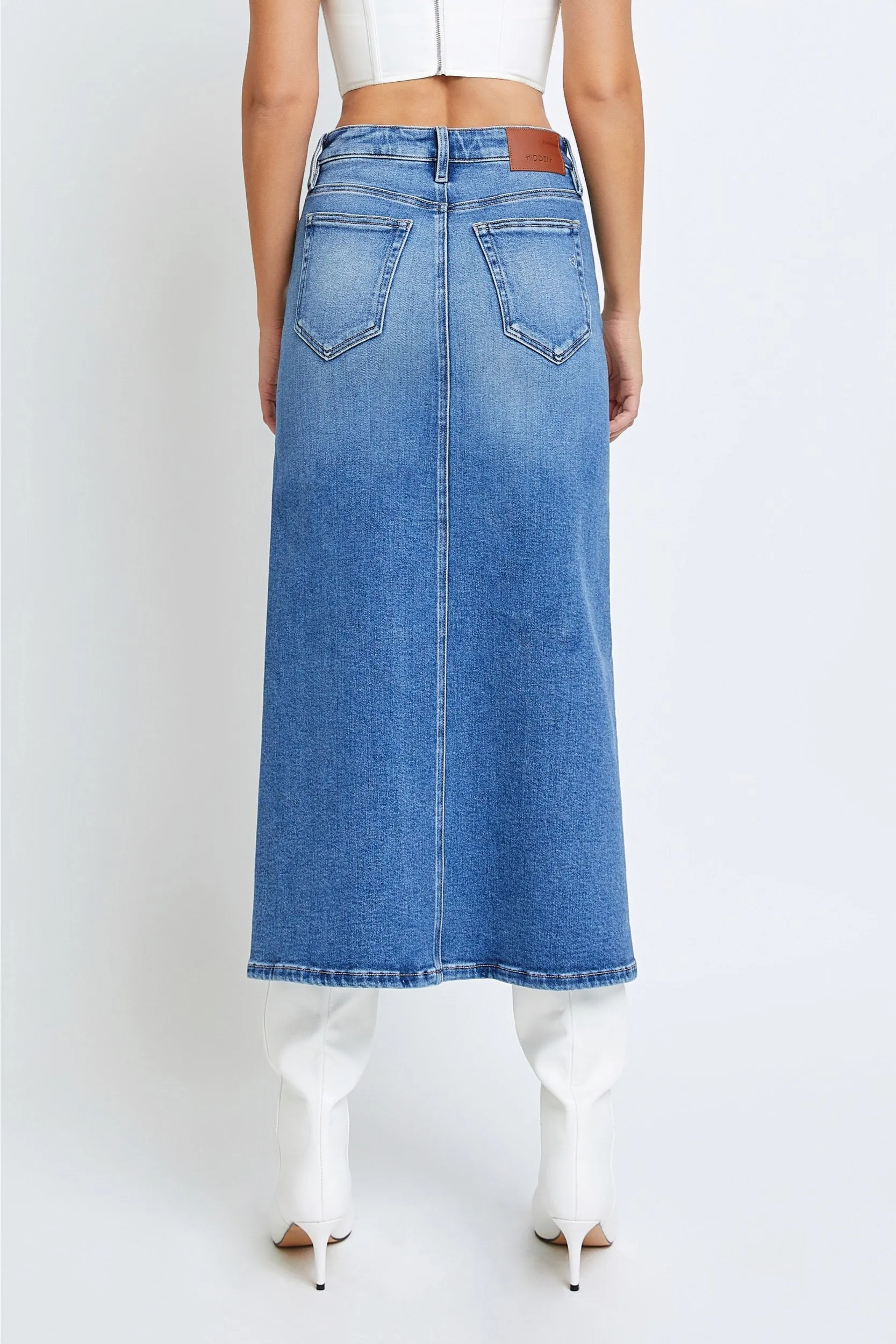 [Peyton] Medium Dark Side Slit Stretch Long Skirt
