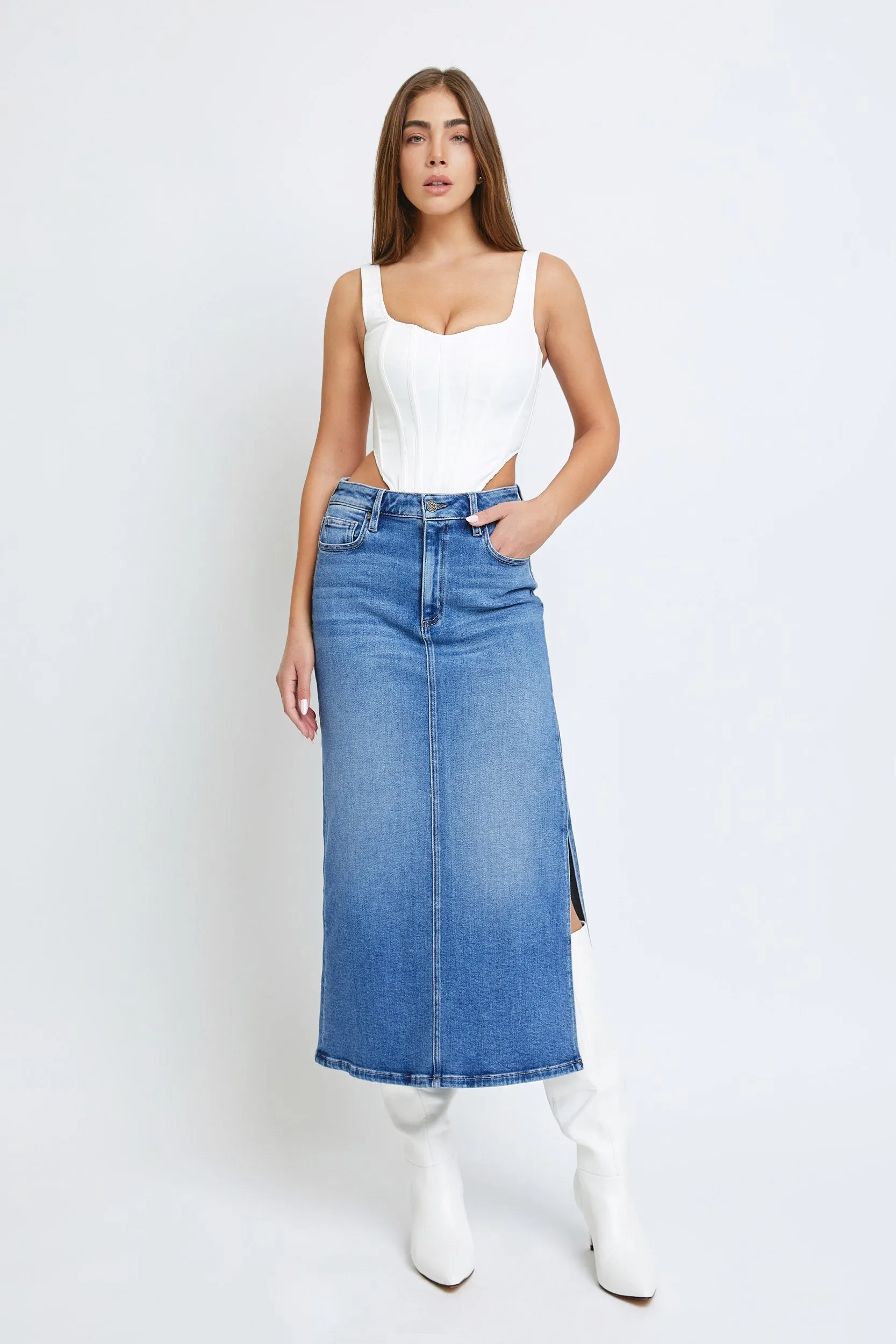 [Peyton] Medium Dark Side Slit Stretch Long Skirt