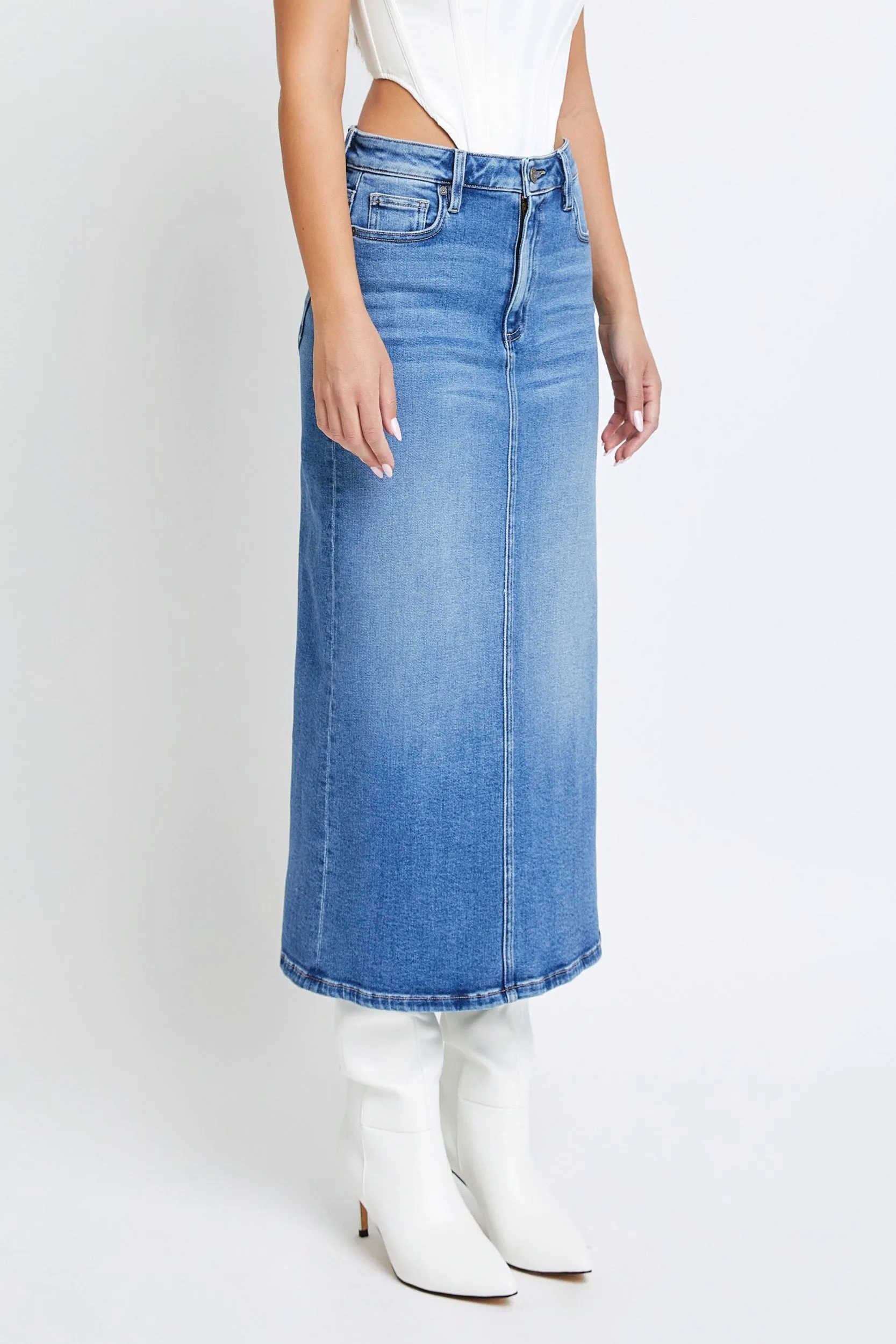 [Peyton] Medium Dark Side Slit Stretch Long Skirt