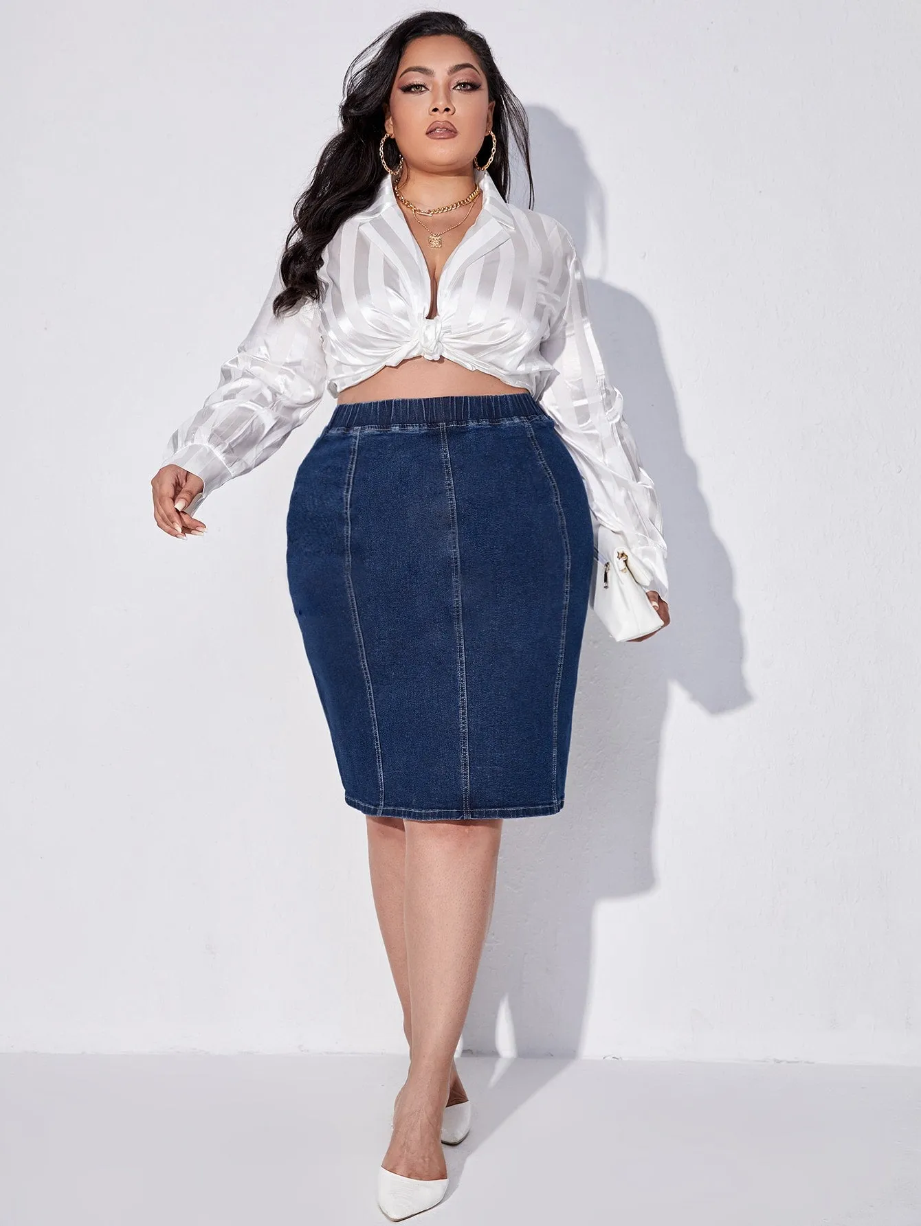 Plain High Waist Knee Length Plus Size Denim Skirt