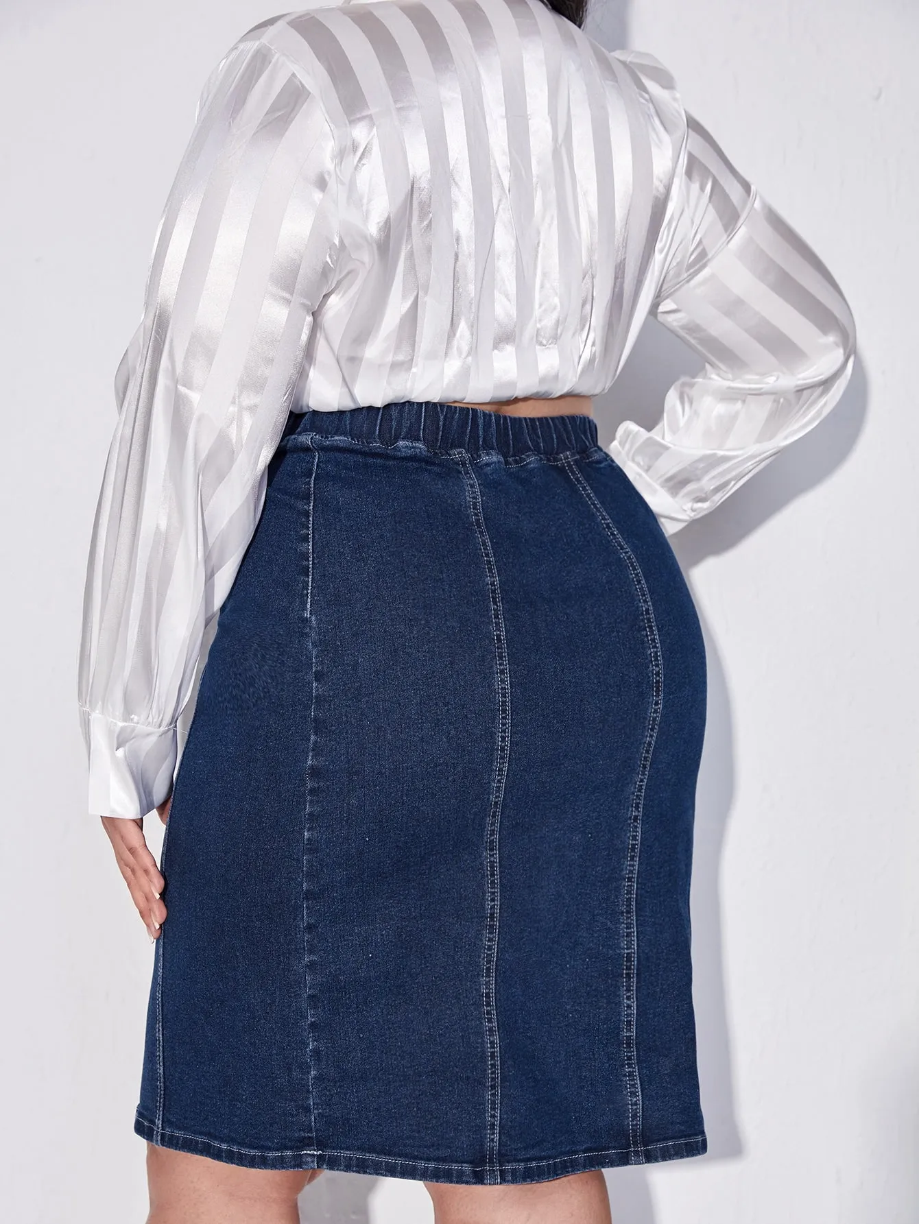 Plain High Waist Knee Length Plus Size Denim Skirt