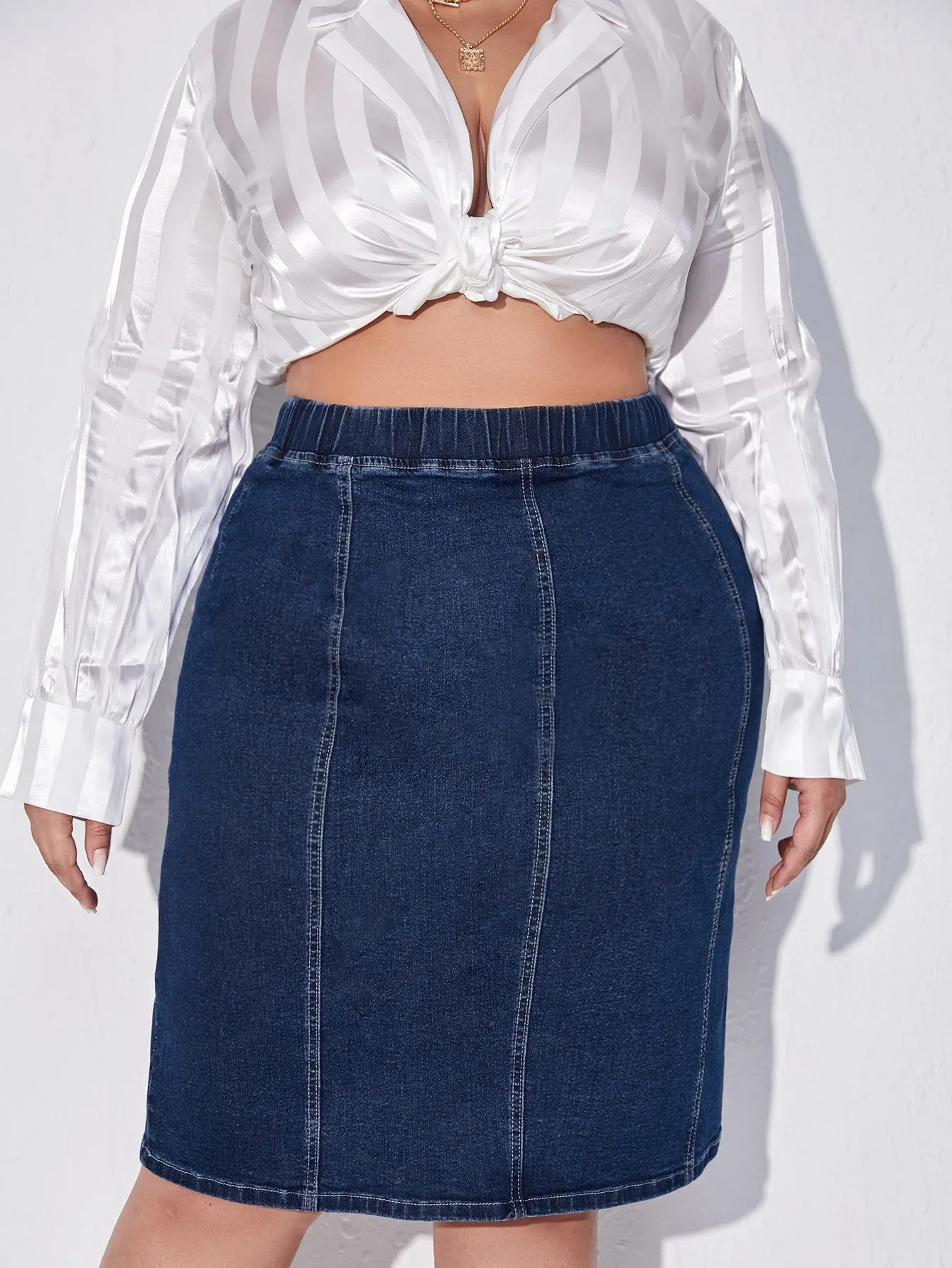 Plain High Waist Knee Length Plus Size Denim Skirt