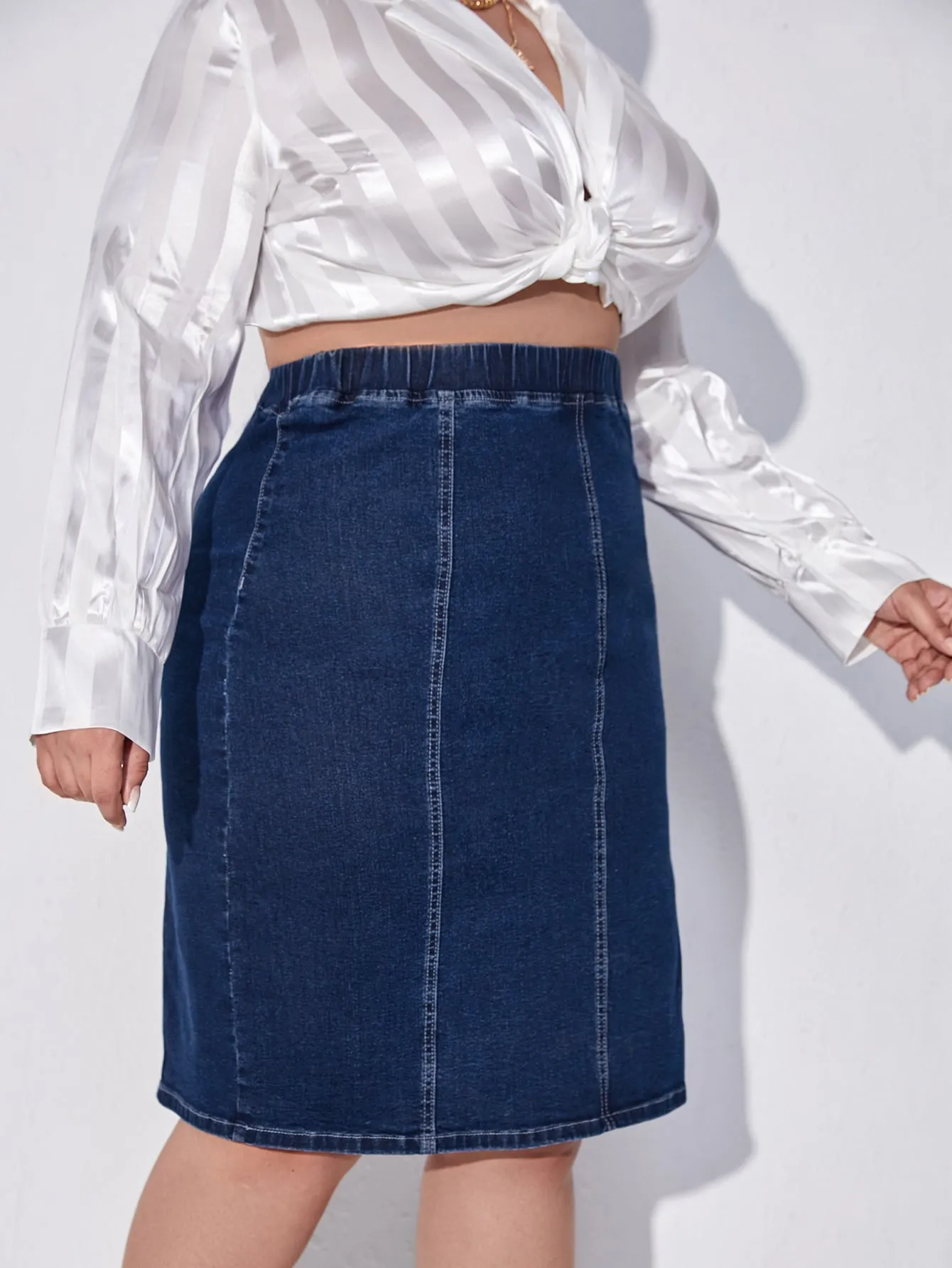 Plain High Waist Knee Length Plus Size Denim Skirt