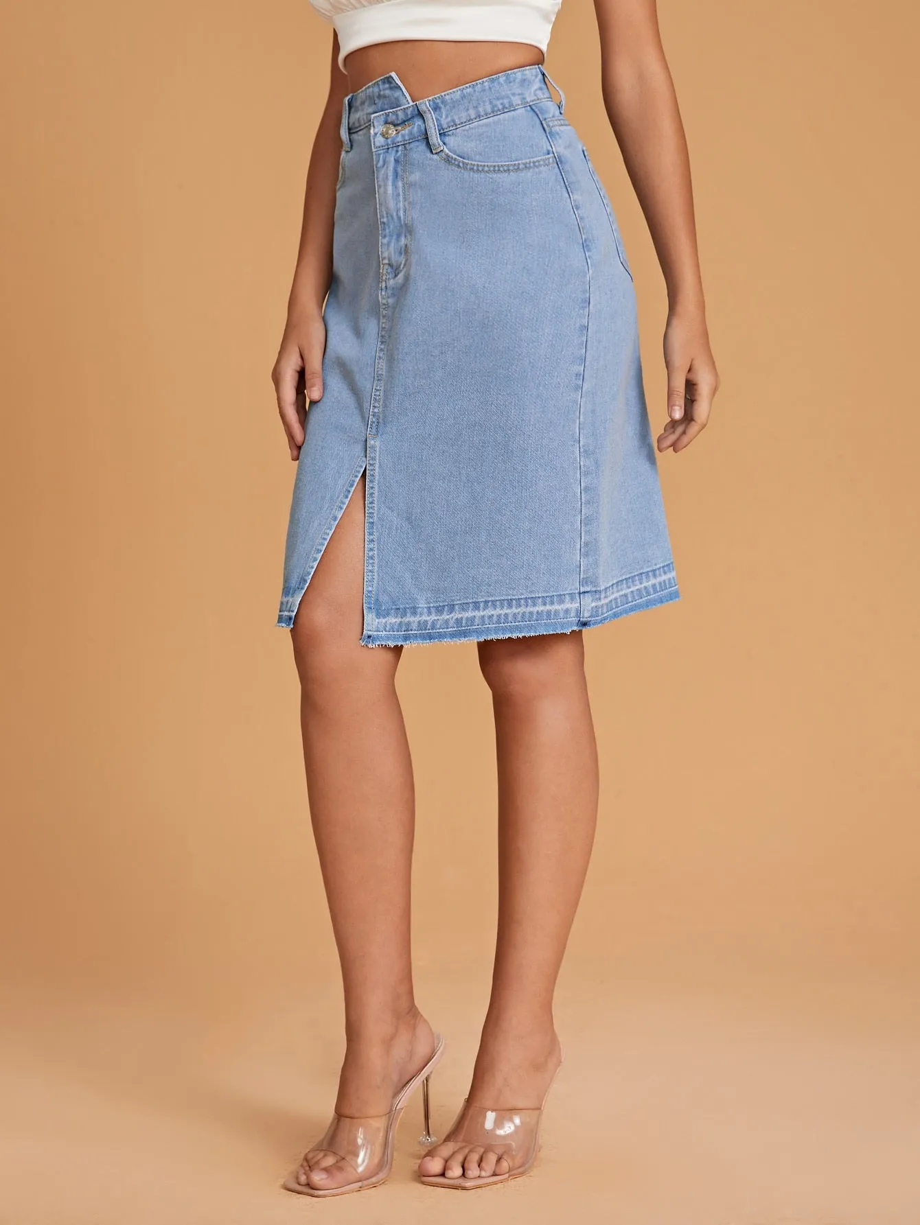 Plain Zipper High Waist Knee Length Women Denim Skirts