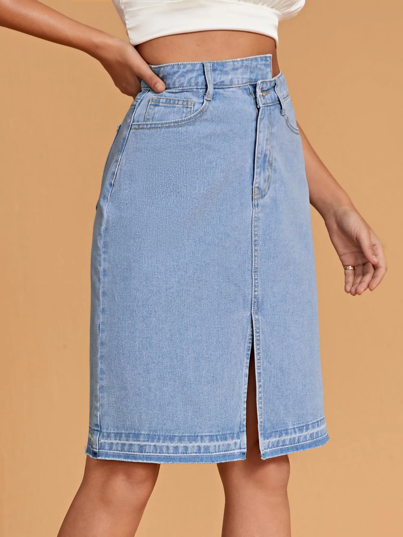 Plain Zipper High Waist Knee Length Women Denim Skirts