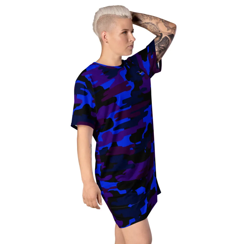 Purple Blue Camo T-shirt Dress, Army Military Print Women's Short Sleeves Dress-Made in USA/EU