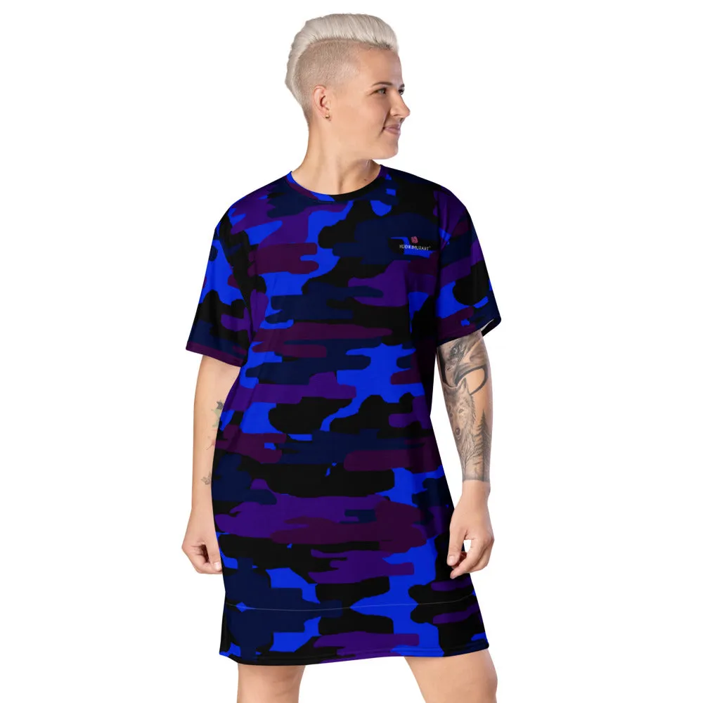 Purple Blue Camo T-shirt Dress, Army Military Print Women's Short Sleeves Dress-Made in USA/EU