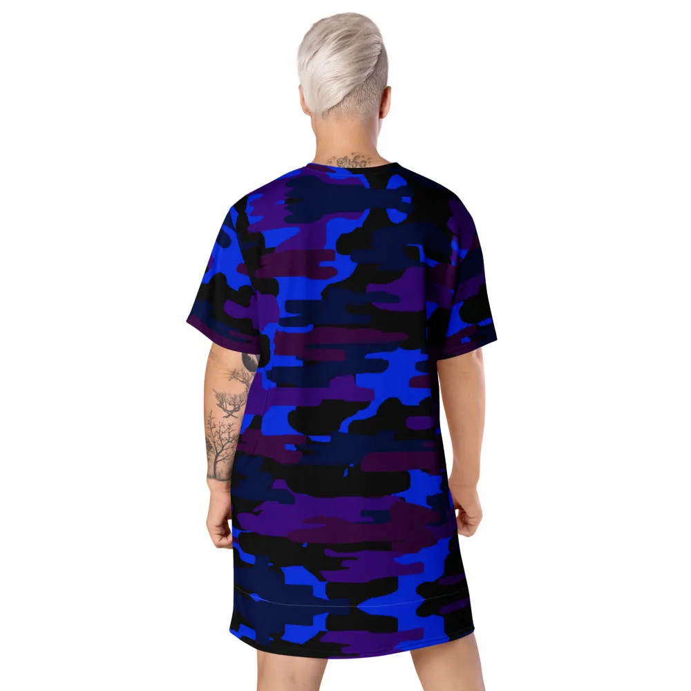 Purple Blue Camo T-shirt Dress, Army Military Print Women's Short Sleeves Dress-Made in USA/EU