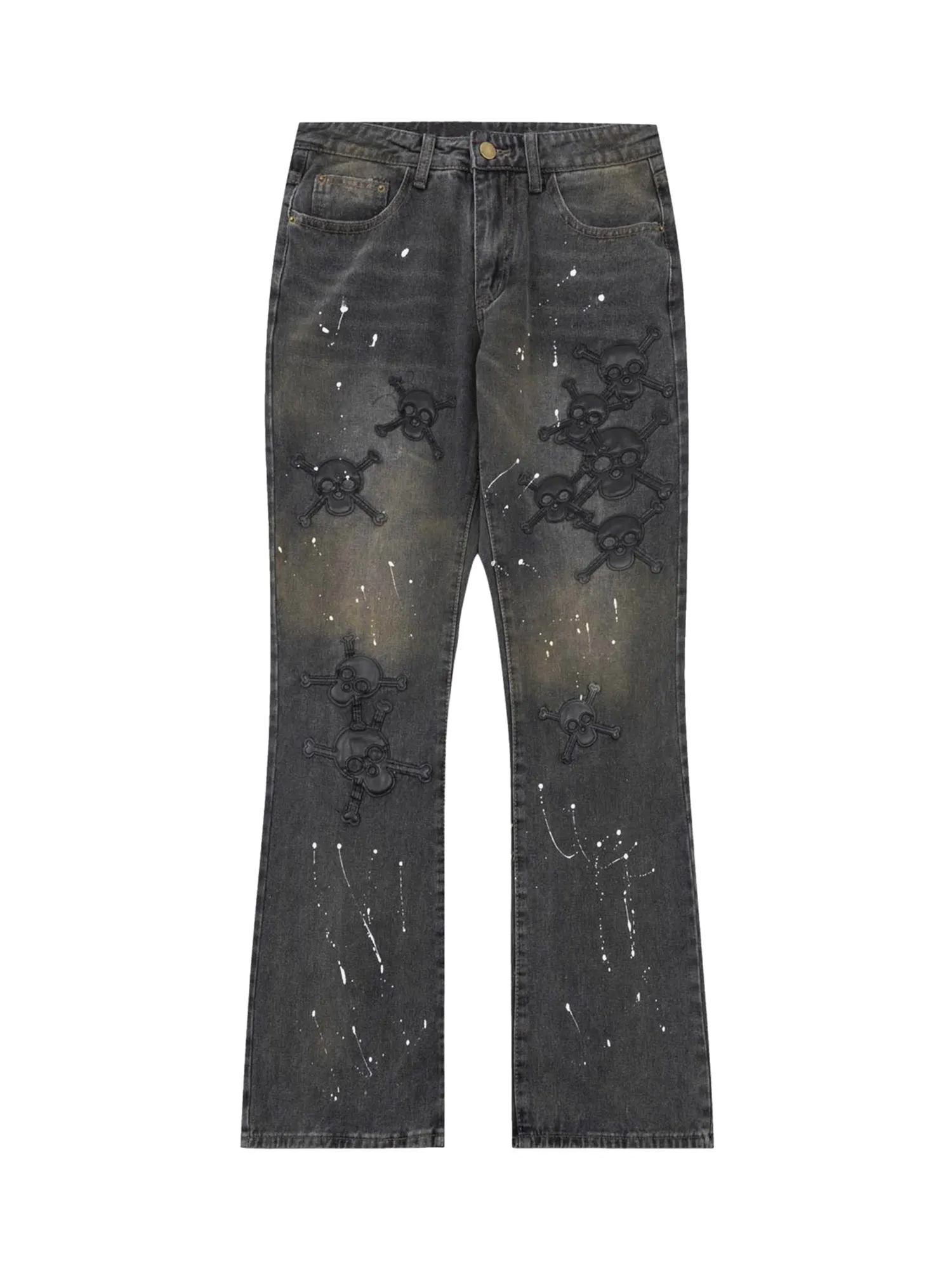 Sneakerhill Leather Skull Splash Ink Micro-flared Jeans