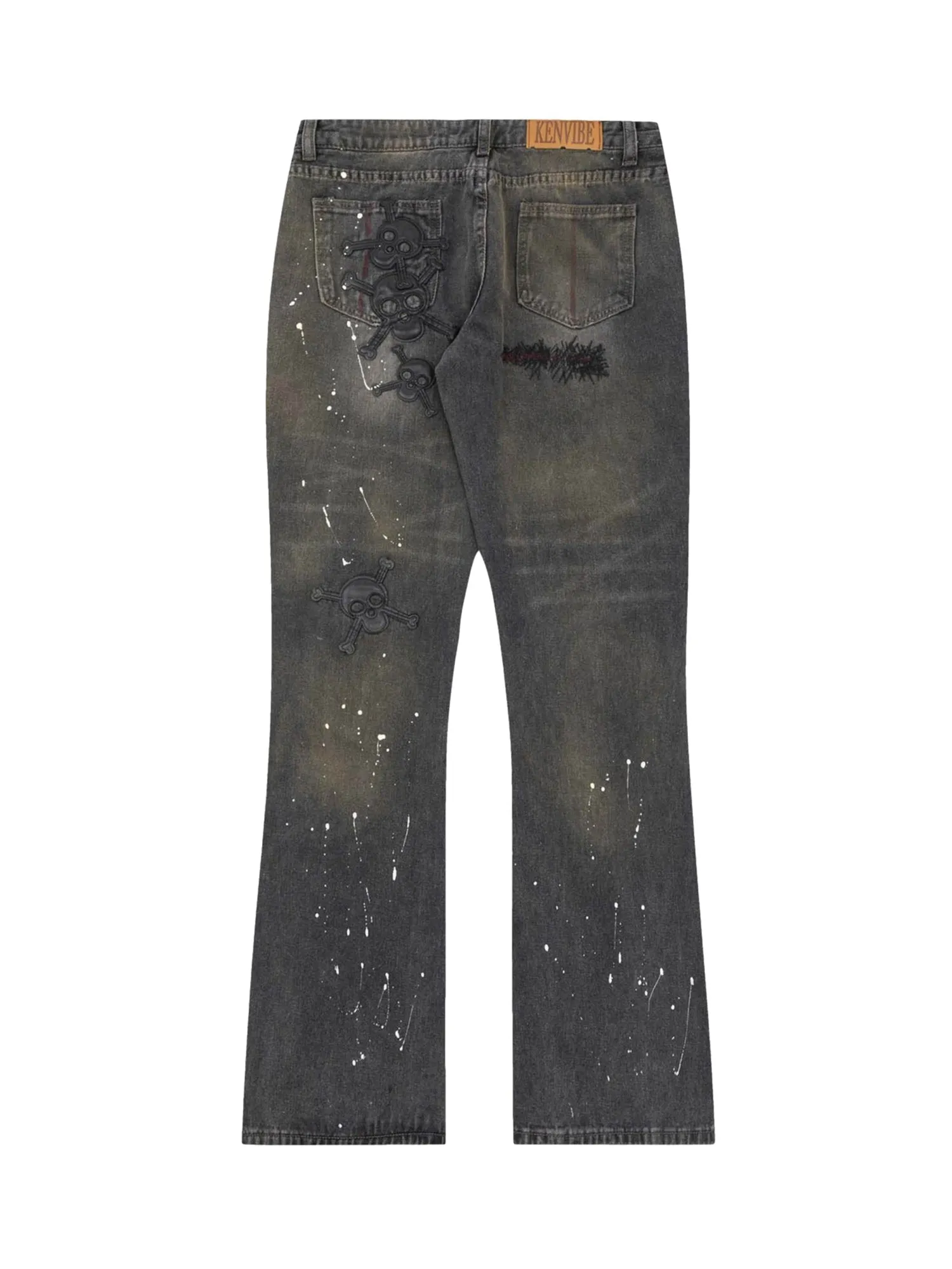 Sneakerhill Leather Skull Splash Ink Micro-flared Jeans