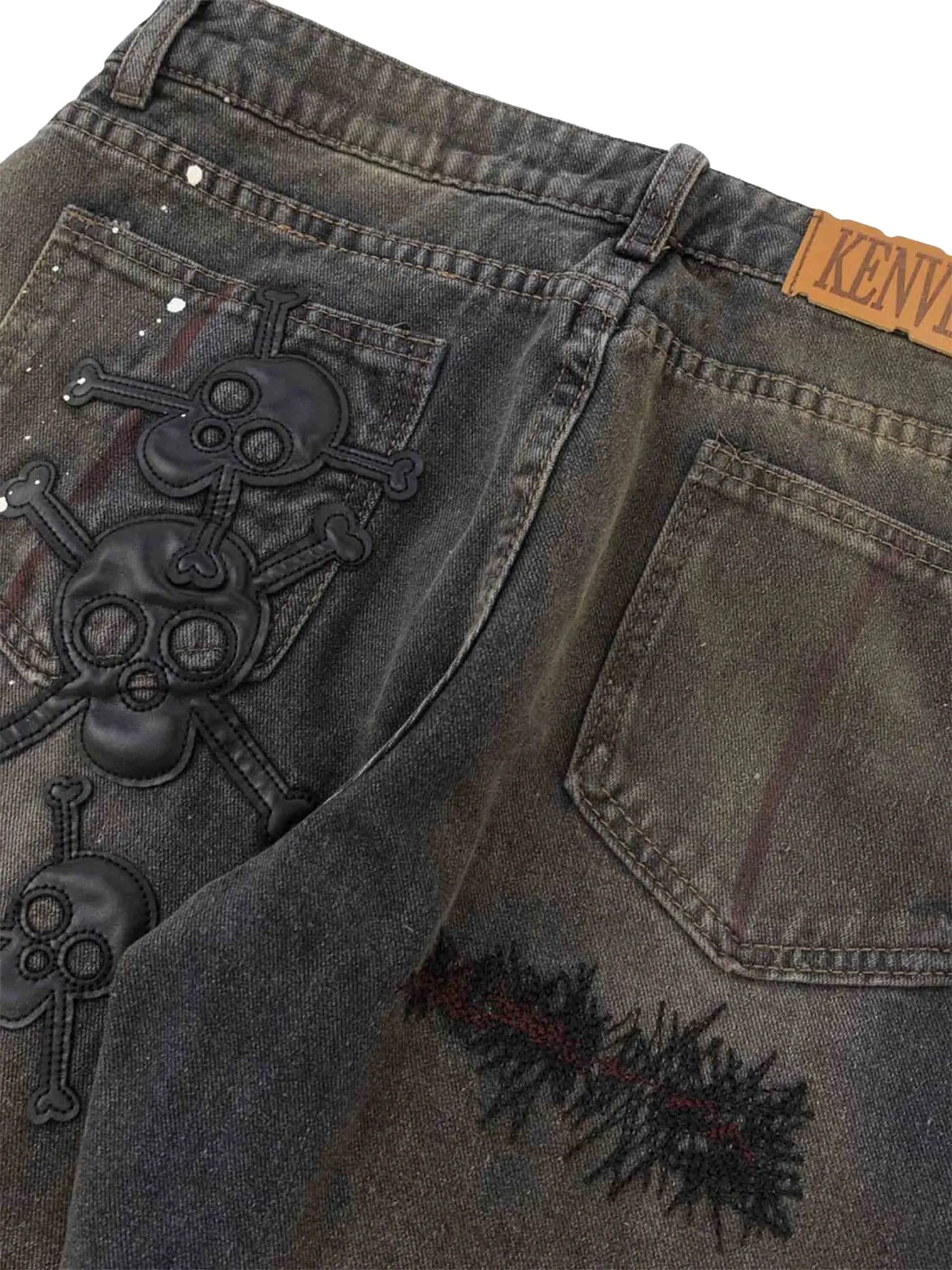 Sneakerhill Leather Skull Splash Ink Micro-flared Jeans