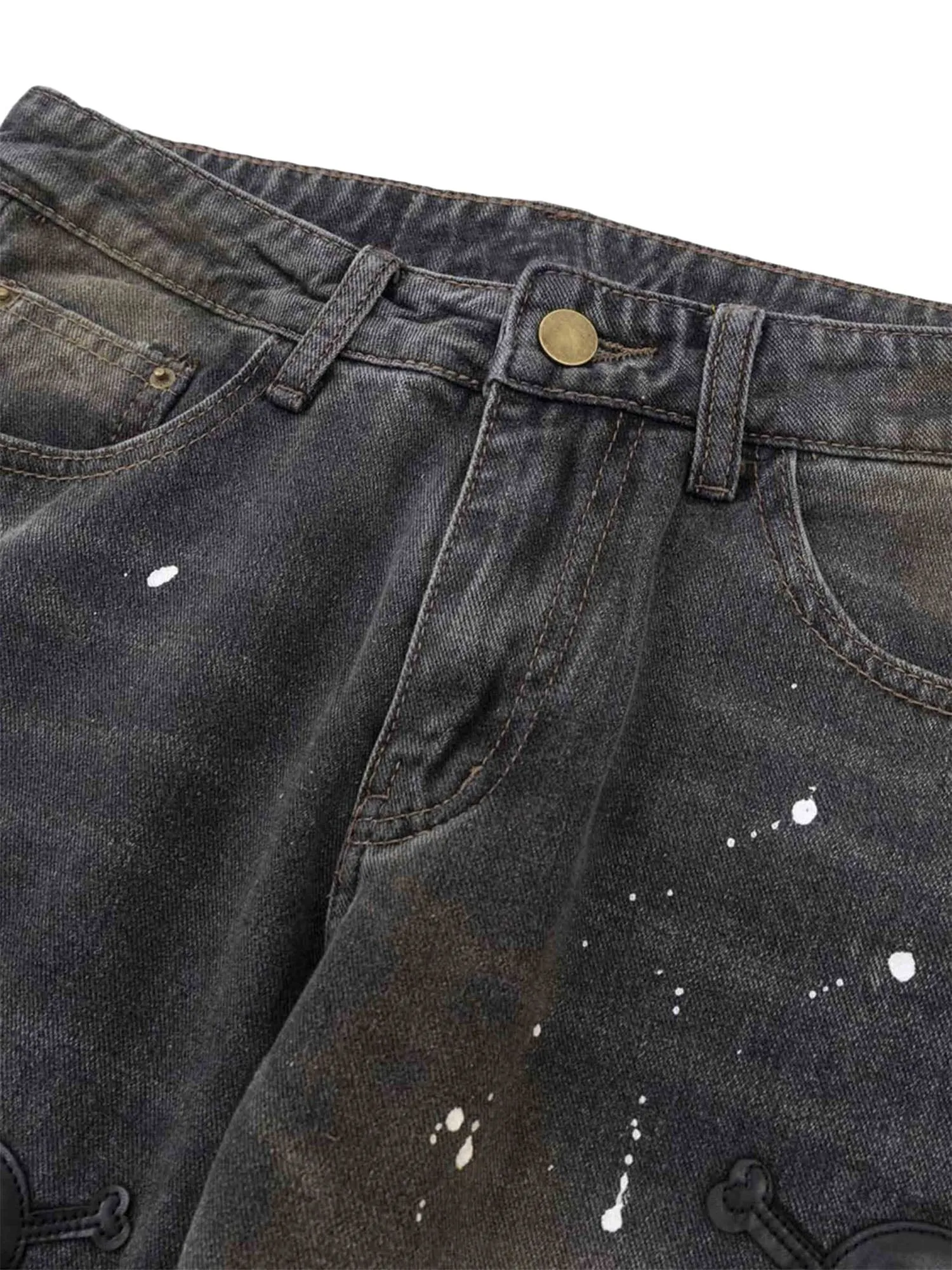 Sneakerhill Leather Skull Splash Ink Micro-flared Jeans