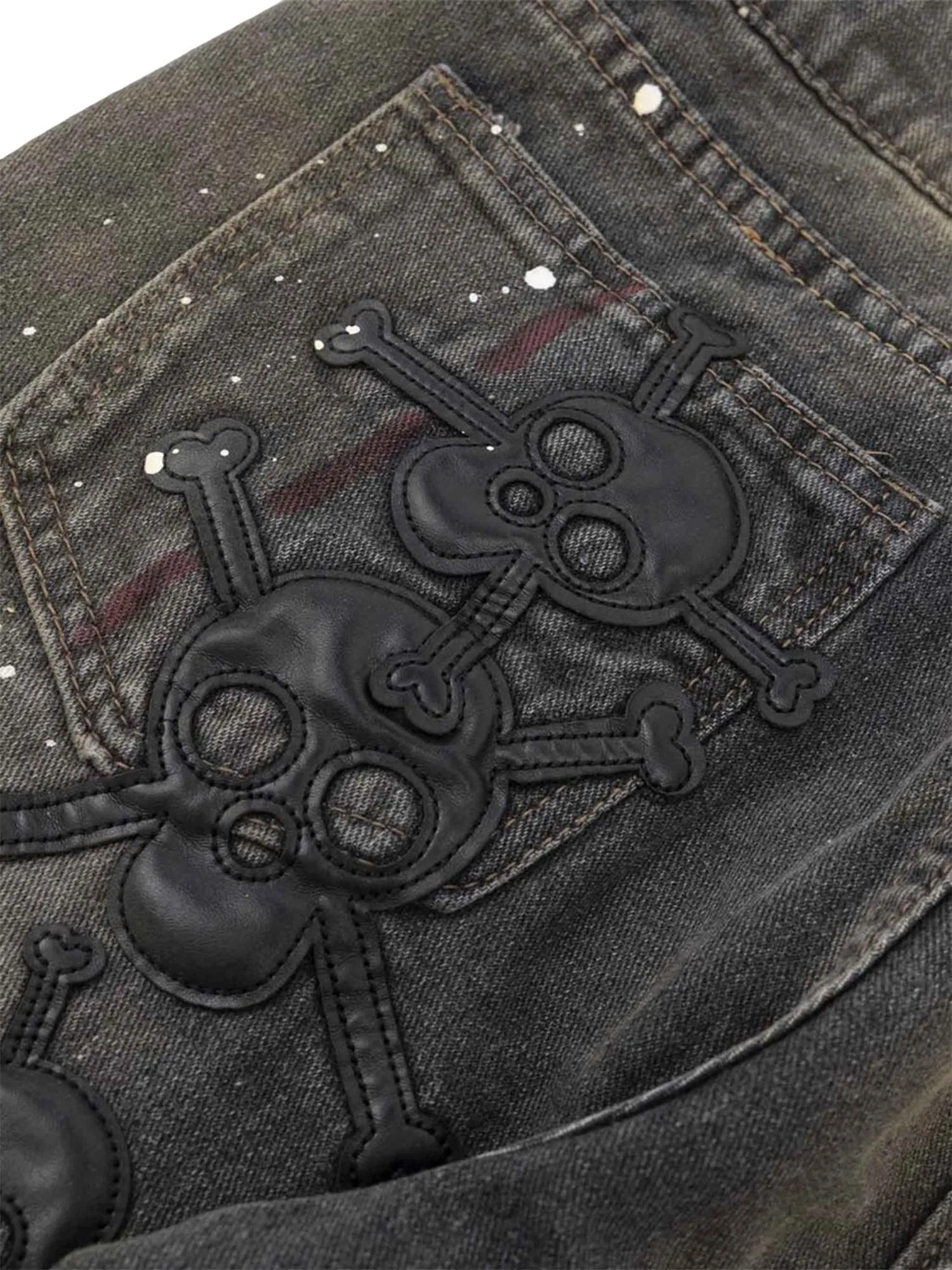 Sneakerhill Leather Skull Splash Ink Micro-flared Jeans
