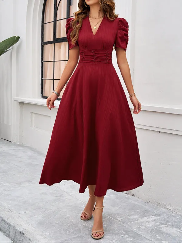 Tailored A-Line V-Neck Puff Sleeve Midi Cocktail Dress