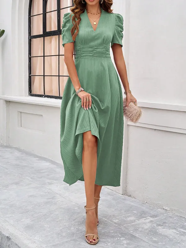 Tailored A-Line V-Neck Puff Sleeve Midi Cocktail Dress