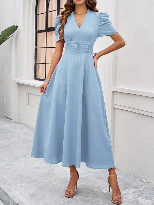 Tailored A-Line V-Neck Puff Sleeve Midi Cocktail Dress