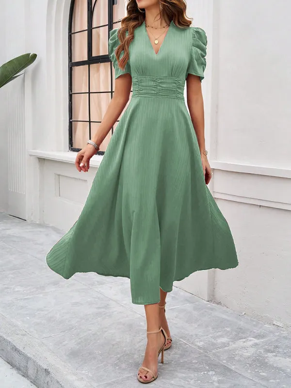 Tailored A-Line V-Neck Puff Sleeve Midi Cocktail Dress