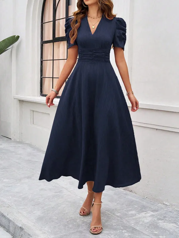 Tailored A-Line V-Neck Puff Sleeve Midi Cocktail Dress