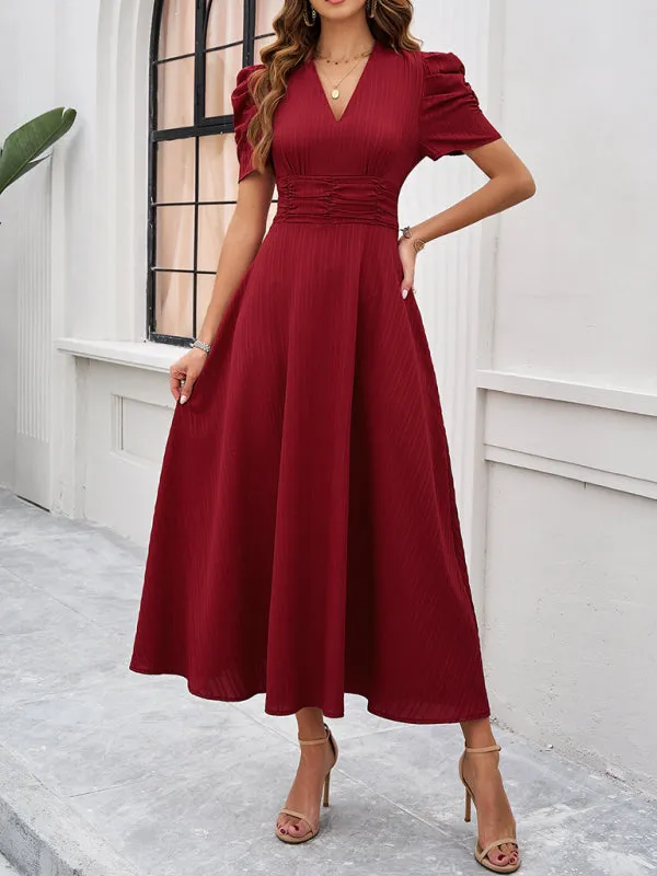 Tailored A-Line V-Neck Puff Sleeve Midi Cocktail Dress