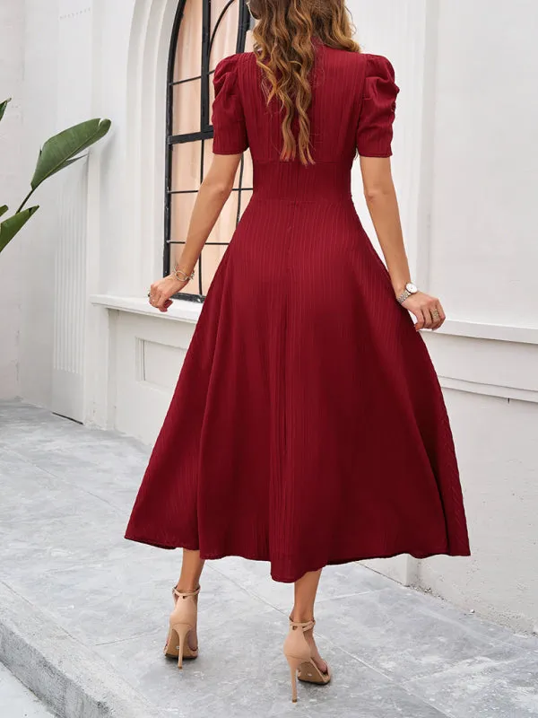 Tailored A-Line V-Neck Puff Sleeve Midi Cocktail Dress