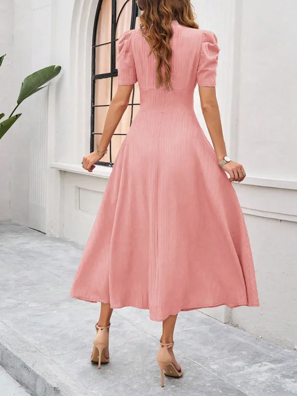 Tailored A-Line V-Neck Puff Sleeve Midi Cocktail Dress