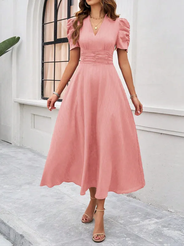 Tailored A-Line V-Neck Puff Sleeve Midi Cocktail Dress
