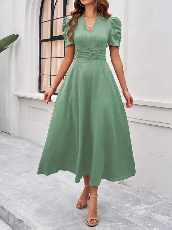 Tailored A-Line V-Neck Puff Sleeve Midi Cocktail Dress