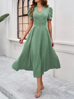 Tailored A-Line V-Neck Puff Sleeve Midi Cocktail Dress