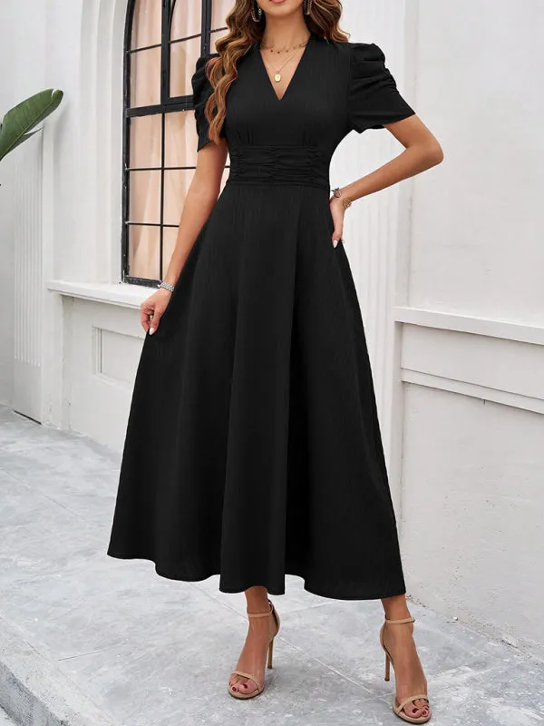 Tailored A-Line V-Neck Puff Sleeve Midi Cocktail Dress