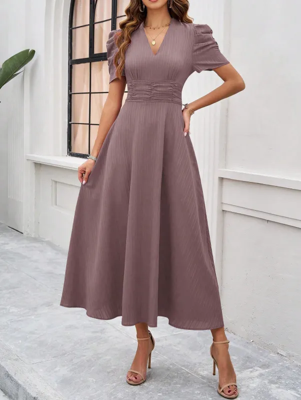 Tailored A-Line V-Neck Puff Sleeve Midi Cocktail Dress