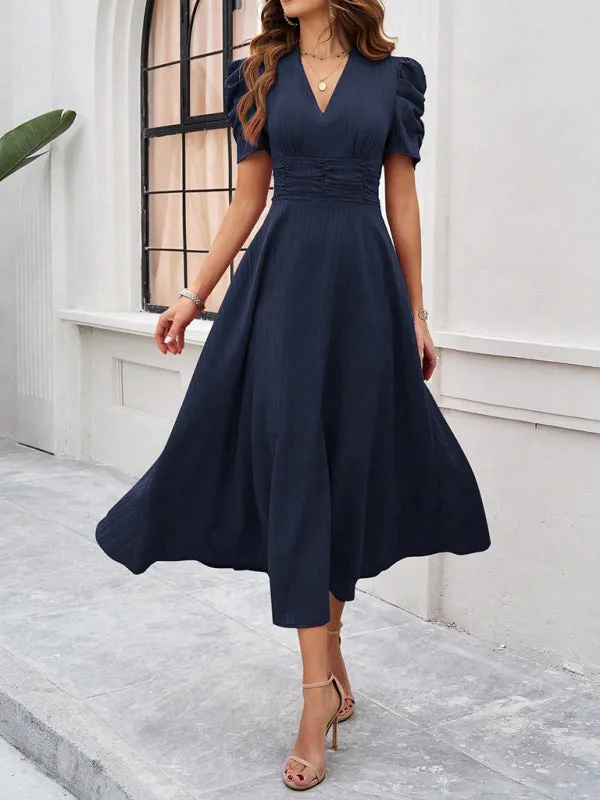 Tailored A-Line V-Neck Puff Sleeve Midi Cocktail Dress