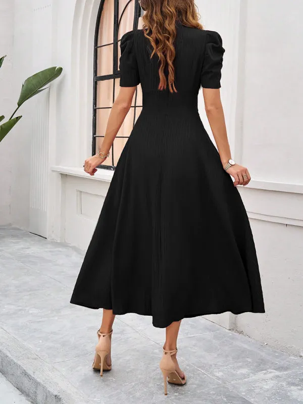 Tailored A-Line V-Neck Puff Sleeve Midi Cocktail Dress