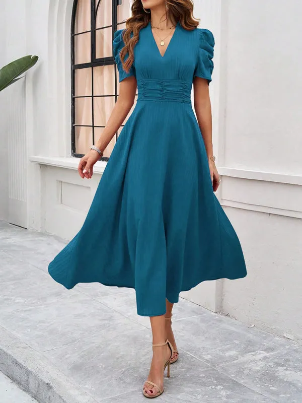 Tailored A-Line V-Neck Puff Sleeve Midi Cocktail Dress