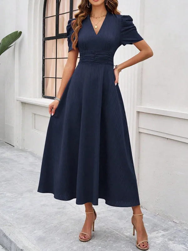 Tailored A-Line V-Neck Puff Sleeve Midi Cocktail Dress