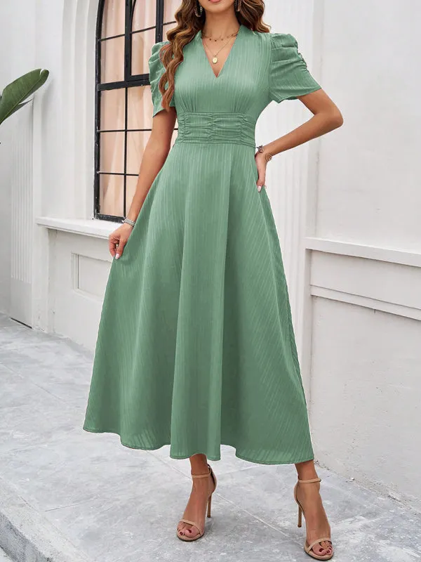 Tailored A-Line V-Neck Puff Sleeve Midi Cocktail Dress