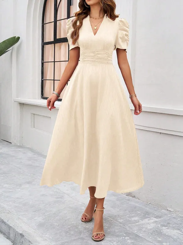 Tailored A-Line V-Neck Puff Sleeve Midi Cocktail Dress