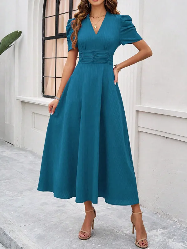 Tailored A-Line V-Neck Puff Sleeve Midi Cocktail Dress