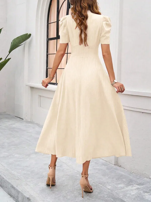 Tailored A-Line V-Neck Puff Sleeve Midi Cocktail Dress