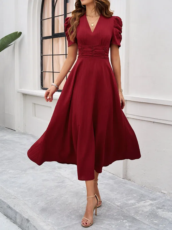 Tailored A-Line V-Neck Puff Sleeve Midi Cocktail Dress