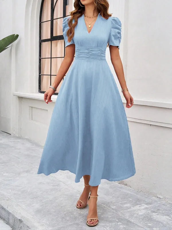 Tailored A-Line V-Neck Puff Sleeve Midi Cocktail Dress