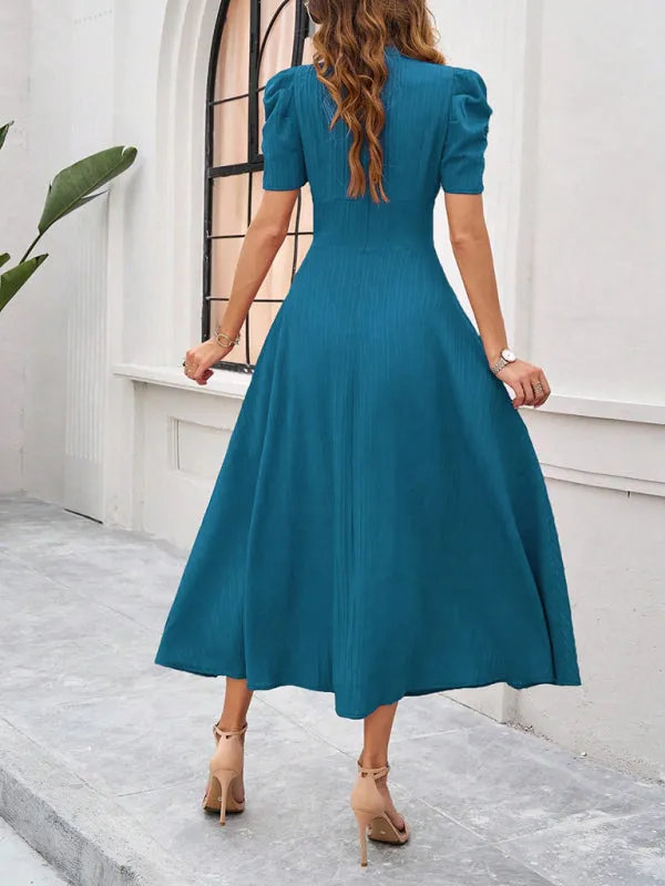 Tailored A-Line V-Neck Puff Sleeve Midi Cocktail Dress